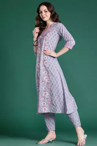 Floral Printed Pure Cotton Kurta with Trousers & Dupatta
