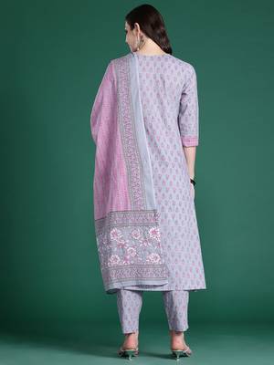 Floral Printed Pure Cotton Kurta with Trousers & Dupatta 6