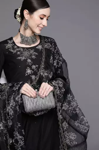 Women Black Floral Embroidered Beads Kurta with Trousers & Dupatta