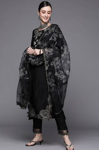 Women Black Floral Embroidered Beads Kurta with Trousers & Dupatta