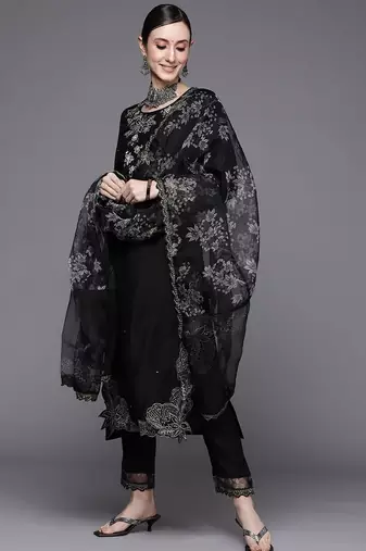 Women Black Floral Embroidered Beads Kurta with Trousers & Dupatta