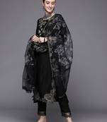 Women Black Floral Embroidered Beads Kurta with Trousers & Dupatta