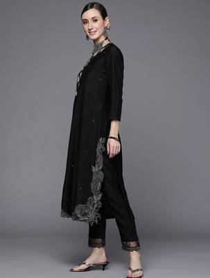Women Black Floral Embroidered Beads Kurta with Trousers & Dupatta 5