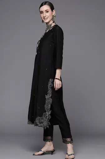 Women Black Floral Embroidered Beads Kurta with Trousers & Dupatta