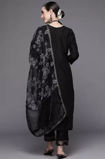 Women Black Floral Embroidered Beads Kurta with Trousers & Dupatta