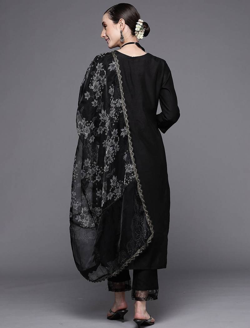 Women Black Floral Embroidered Beads Kurta with Trousers & Dupatta
