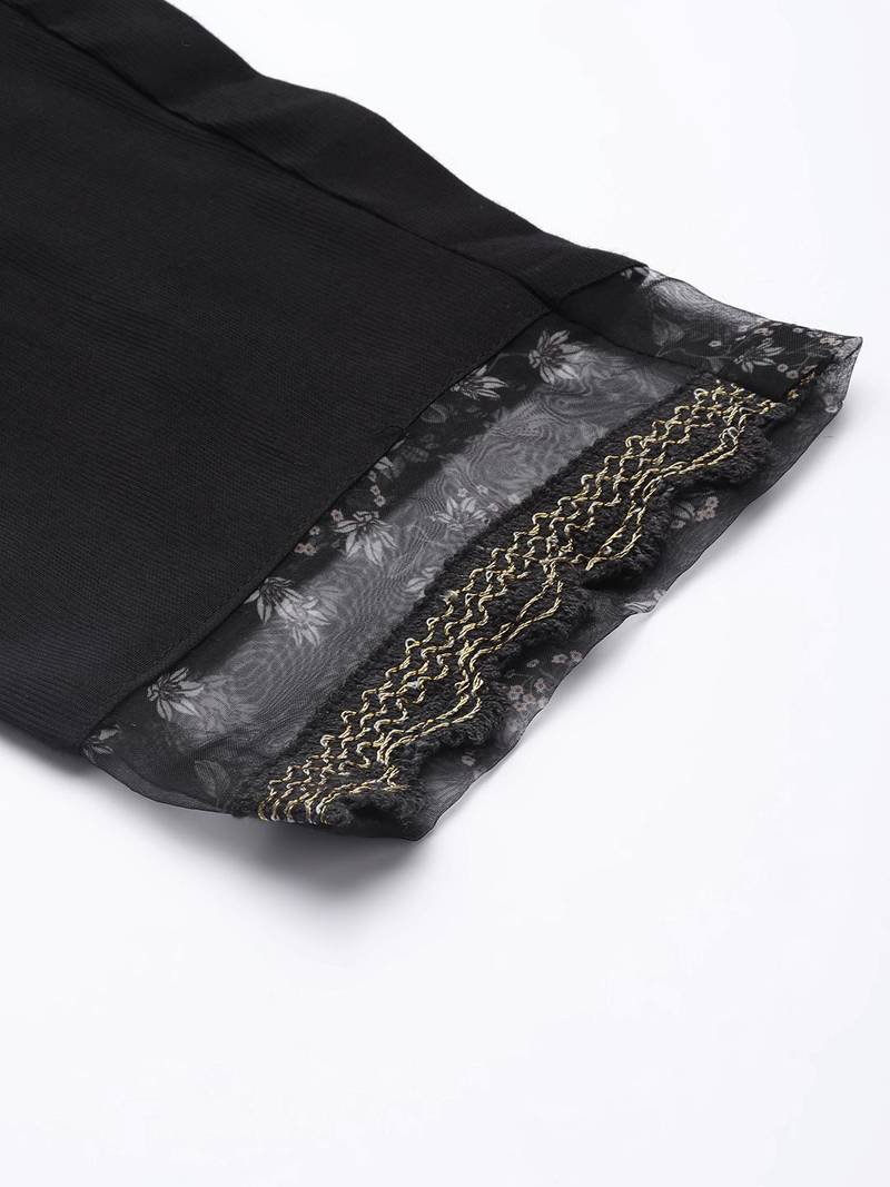 Women Black Floral Embroidered Beads Kurta with Trousers & Dupatta