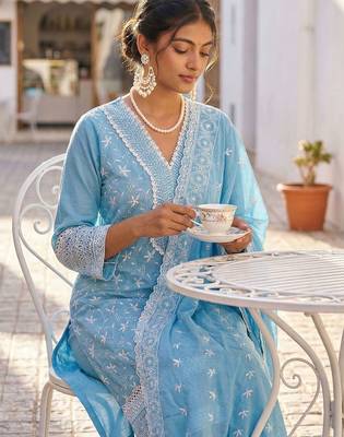 Women Ethnic Motifs Embroidered Regular Thread Work Pure Cotton Kurta with Trousers & With Dupatta 2