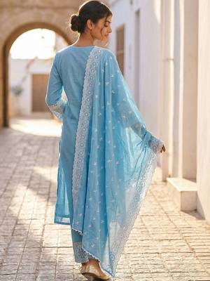 Women Ethnic Motifs Embroidered Regular Thread Work Pure Cotton Kurta with Trousers & With Dupatta 3