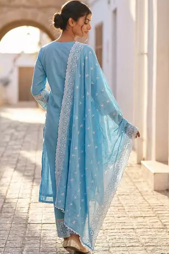 Women Ethnic Motifs Embroidered Regular Thread Work Pure Cotton Kurta with Trousers & With Dupatta