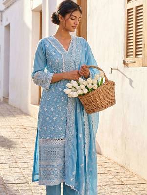 Women Ethnic Motifs Embroidered Regular Thread Work Pure Cotton Kurta with Trousers & With Dupatta 1