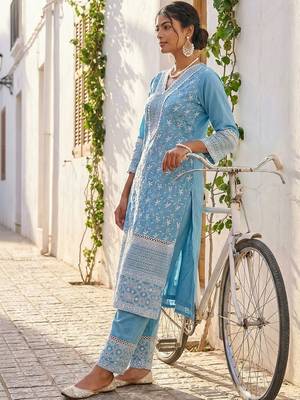 Women Ethnic Motifs Embroidered Regular Thread Work Pure Cotton Kurta with Trousers & With Dupatta 5