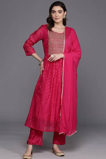 Embroidered Empire Sequinned Chanderi Silk Kurta with Trousers & Dupatta