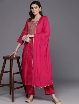 Embroidered Empire Sequinned Chanderi Silk Kurta with Trousers & Dupatta 8