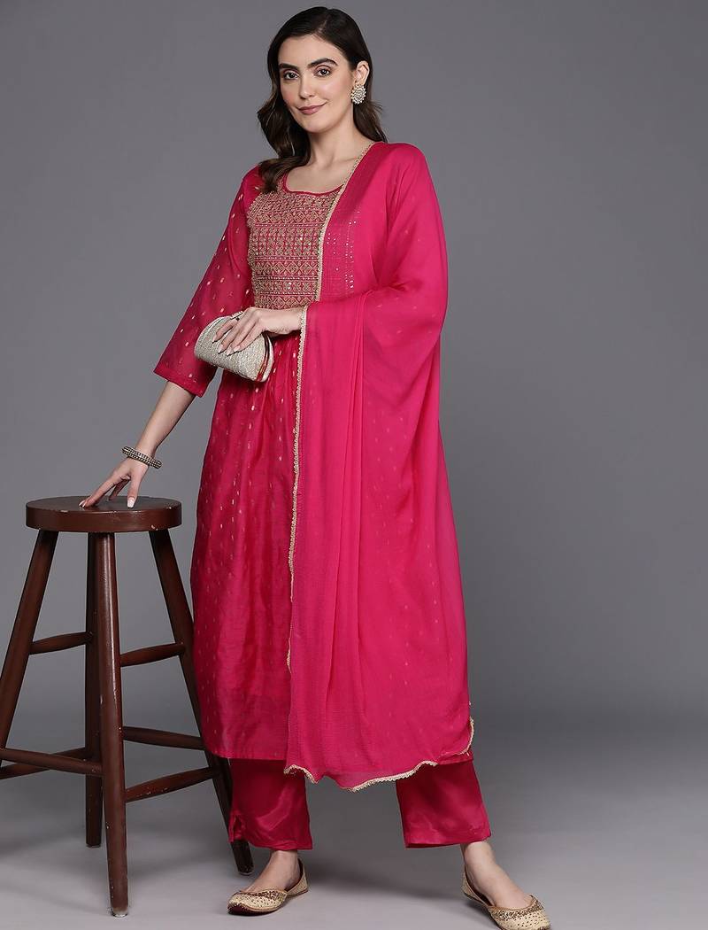 Embroidered Empire Sequinned Chanderi Silk Kurta with Trousers & Dupatta