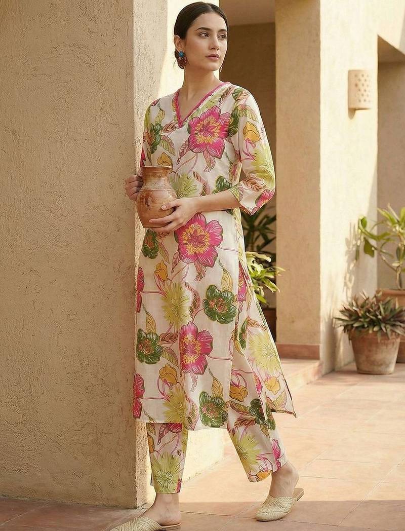 Women Floral Printed Regular Pure Cotton Kurta with Trousers