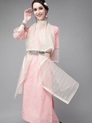 women pink  cotton ethnic motifs sequinned kurta with trousers & dupatta 1