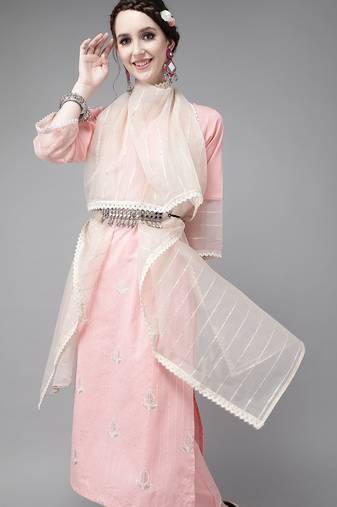 Women Pink Pure Cotton Ethnic Motifs Sequinned Kurta with Trousers & Dupatta