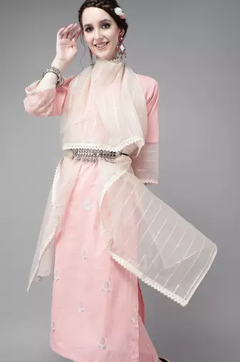 Women Pink Pure Cotton Ethnic Motifs Sequinned Kurta with Trousers & Dupatta