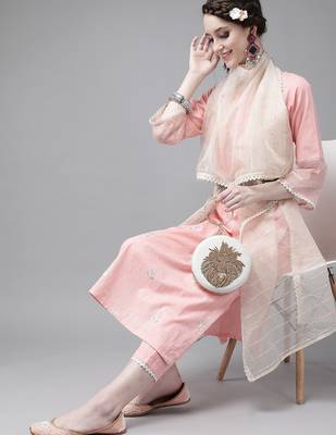 women pink  cotton ethnic motifs sequinned kurta with trousers & dupatta 2