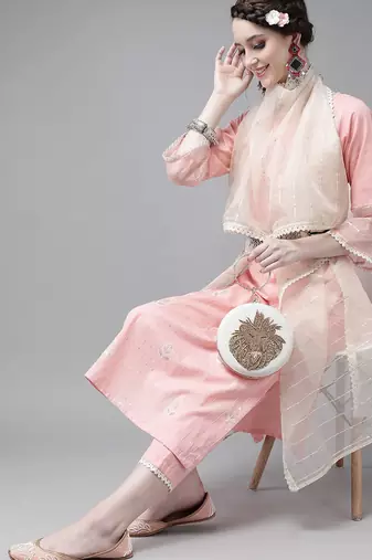 Women Pink Pure Cotton Ethnic Motifs Sequinned Kurta with Trousers & Dupatta