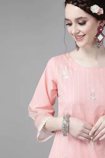 Women Pink Pure Cotton Ethnic Motifs Sequinned Kurta with Trousers & Dupatta