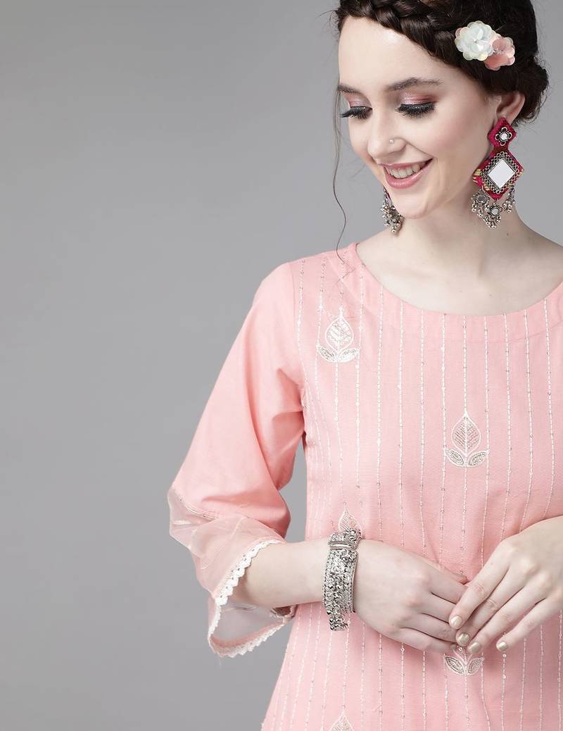 women pink  cotton ethnic motifs sequinned kurta with trousers & dupatta