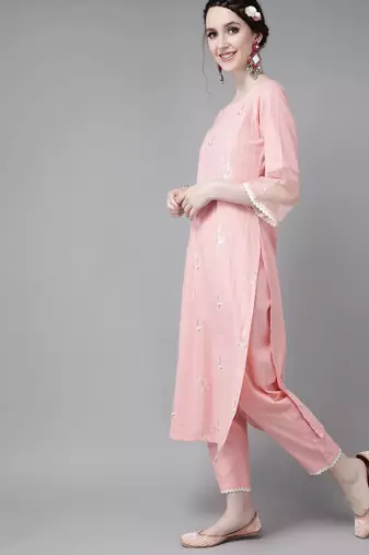 Women Pink Pure Cotton Ethnic Motifs Sequinned Kurta with Trousers & Dupatta