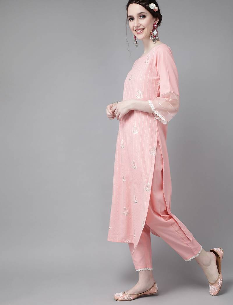 women pink  cotton ethnic motifs sequinned kurta with trousers & dupatta