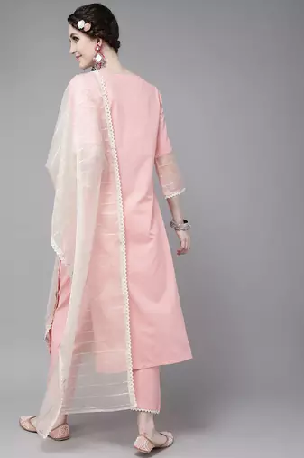Women Pink Pure Cotton Ethnic Motifs Sequinned Kurta with Trousers & Dupatta