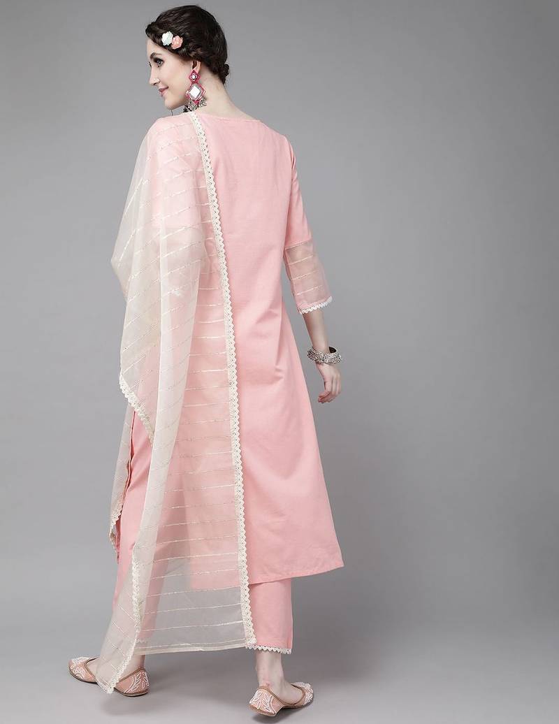 women pink  cotton ethnic motifs sequinned kurta with trousers & dupatta
