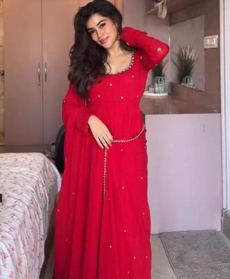 red color embroidery sequin work faux georgette gown set 1