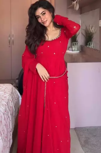 red color embroidery sequin work faux georgette gown set