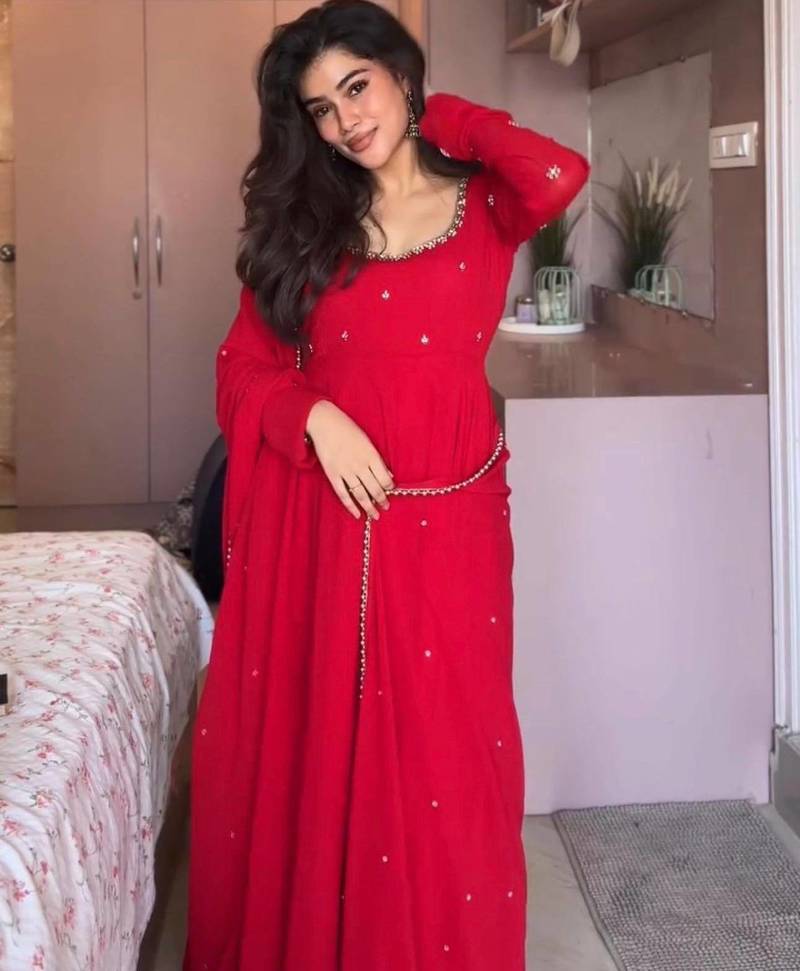 red color embroidery sequin work faux georgette gown set