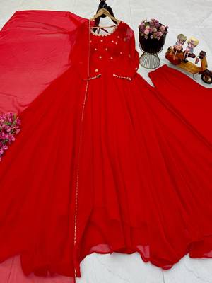 red color embroidery sequin work faux georgette gown set 2