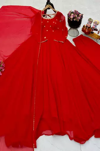 red color embroidery sequin work faux georgette gown set