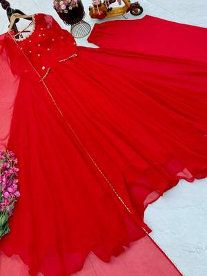 red color embroidery sequin work faux georgette gown set 3