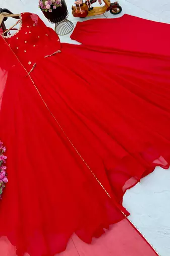 red color embroidery sequin work faux georgette gown set