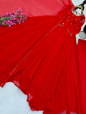 red color embroidery sequin work faux georgette gown set 4