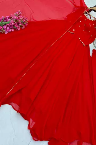 red color embroidery sequin work faux georgette gown set