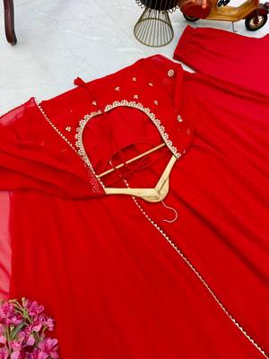 red color embroidery sequin work faux georgette gown set 5