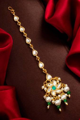 Teal floral kundan maang tikka