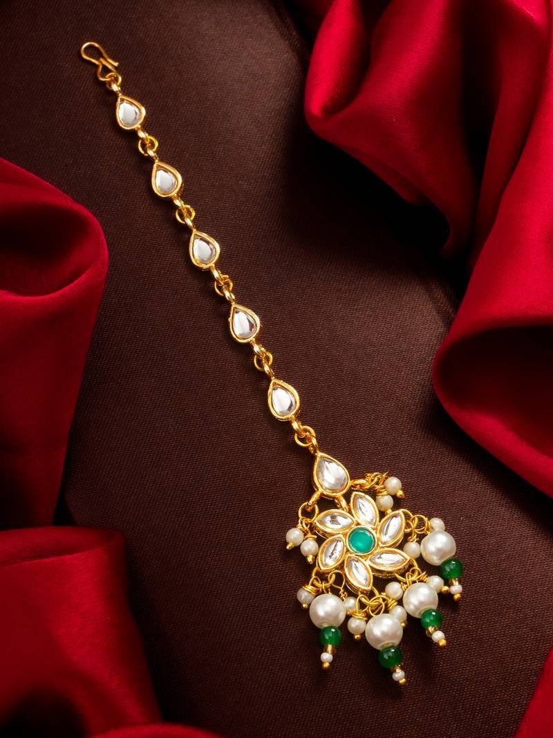 Teal floral kundan maang tikka