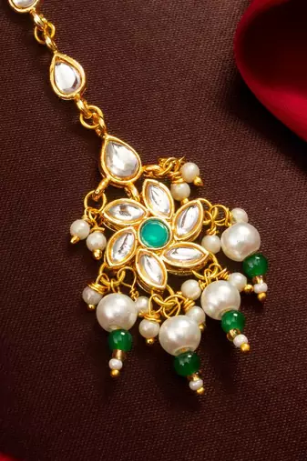 Teal floral kundan maang tikka