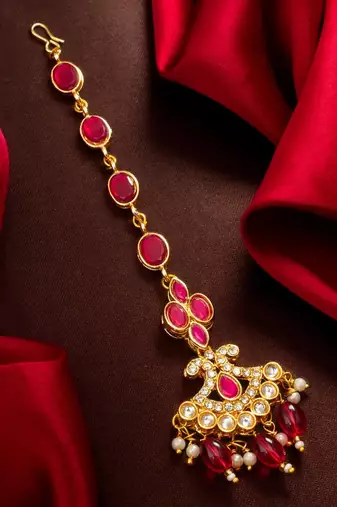 Ruby Pink Kundan Maang Tikka
