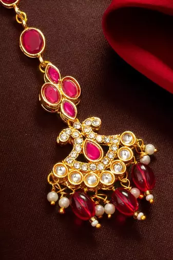 Ruby Pink Kundan Maang Tikka