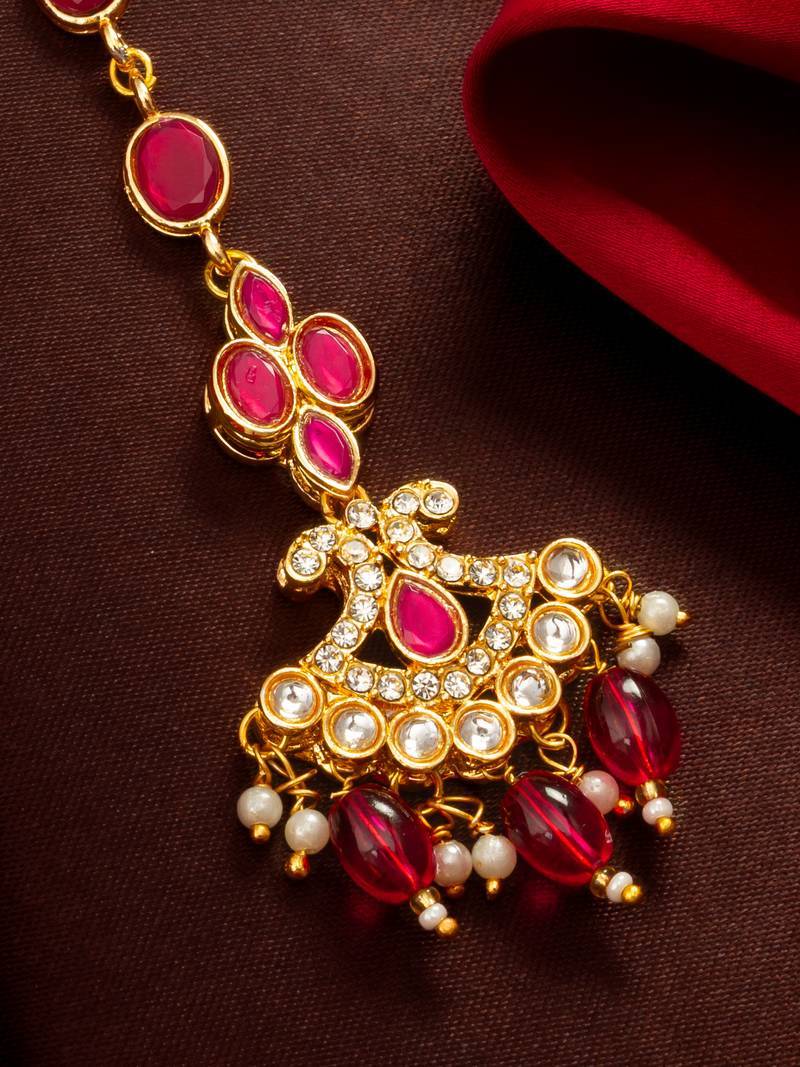 Ruby Pink Kundan Maang Tikka