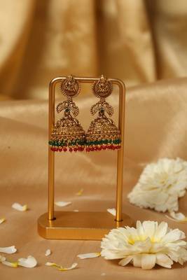 Gold plated beaded work temple jhumka earrings 2