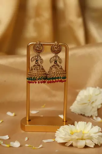 Gold plated beaded work temple jhumka earrings