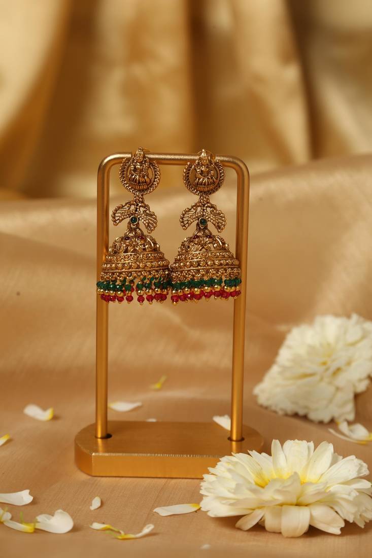 Gold plated beaded work temple jhumka earrings